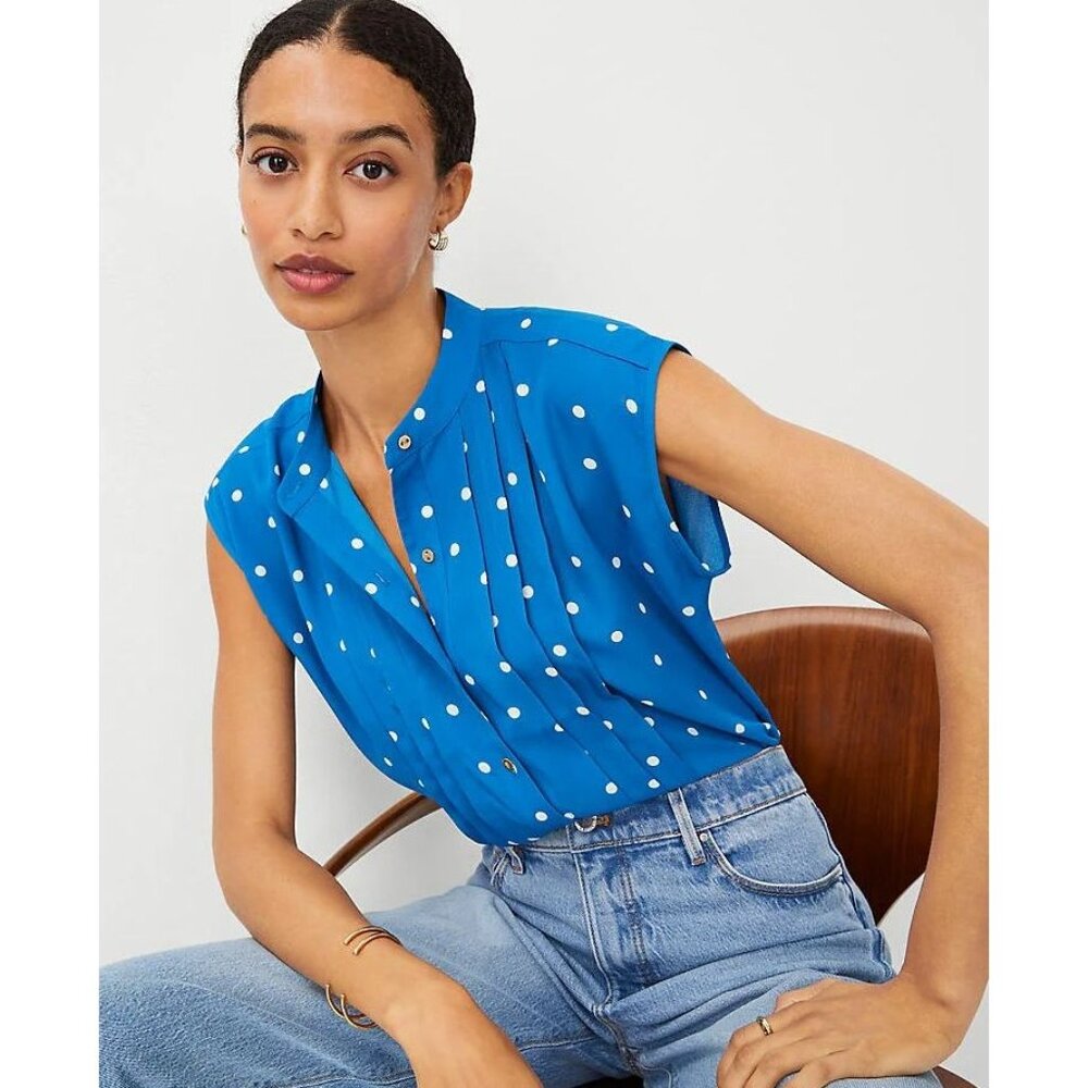 NEW Ann Taylor‎ Womens Large Blue Polka Dot Sleeveless Dotted Shirred Button Top